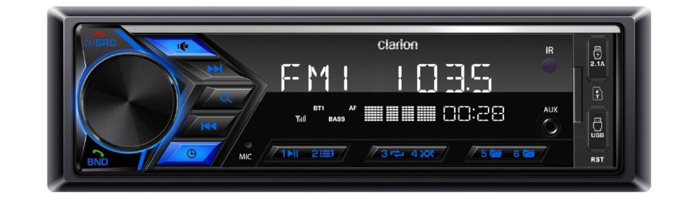 Clarion P17 radio samochodowe Bluetooth A2DP zestaw głośnomówiący USB szybkie ładowanie, radio od frontu na białym tle