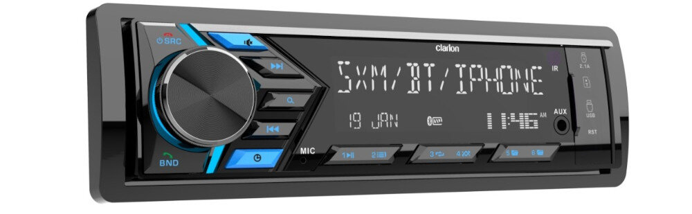 Clarion P17 radio samochodowe aplikacja pilot Bluetooth zestaw głośnomówiący, radio po skosie na białym tle