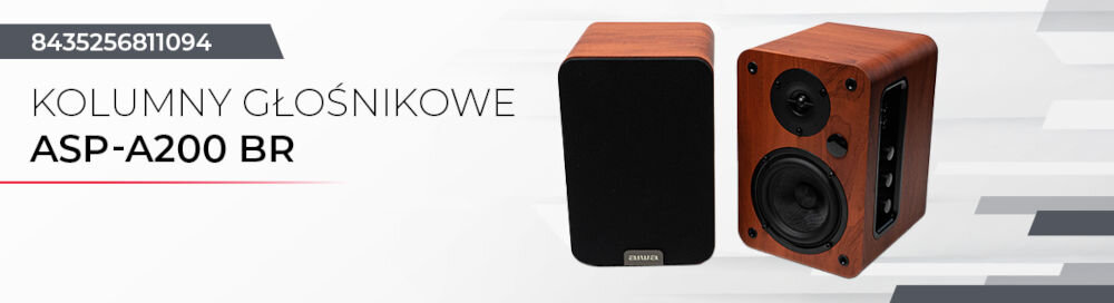 Kolumny głośnikowe AIWA ASP-A200 aktywne kolumny bookshelf, wzmacniacz klasy D, czysty dźwięk, pasmo 40Hz–20kHz, głośniki na szarym tle pod skosem