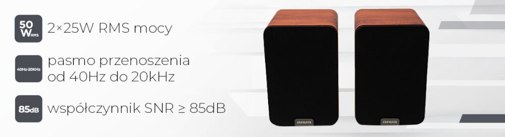 Kolumny głośnikowe AIWA ASP-A200 kolumny aktywne, moc 2 x 25 W RMS, wysoka jakość dźwięku SNR 85dB, głośniki na szarym tle od frontu
