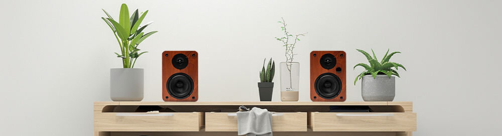 Kolumny głośnikowe AIWA ASP-A200 głośniki z pilotem, regulacja tonów, panel boczny z przyciskami i LED, kolumny stojące na komodzie od frontu