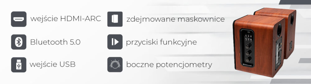Kolumny głośnikowe AIWA ASP-A200 Bluetooth 5.0, wejścia HDMI-ARC, USB-MP3, RCA, optyczne, szeroka kompatybilność, kolumny na szarym tle z boku