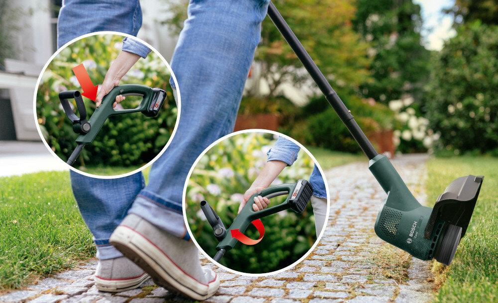 Podkaszarka akumulatorowa BOSCH EasyGrassCut 18V-260 06008C1C05 funkcja podkaszania w poziomie i pionie zmiana funkcji przycisk na gornym uchwycie nacisnac guzik obrocic narzedzie glowica utawiona w pozycji do podkaszania krawedzi