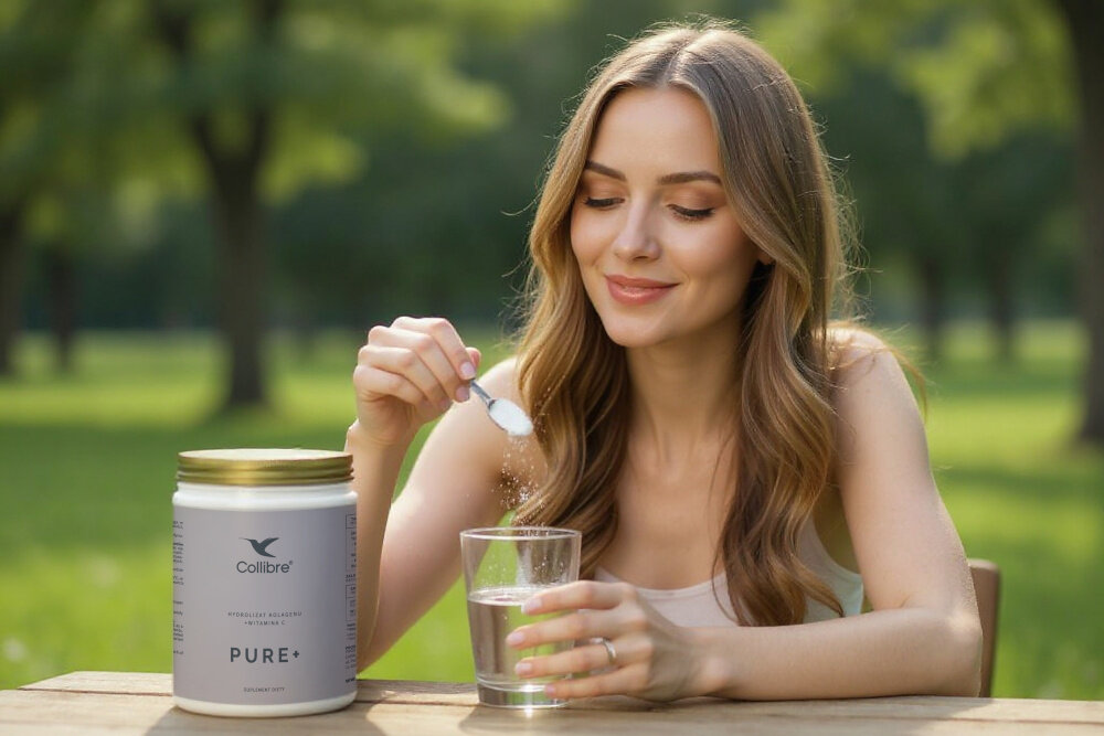 Kolagen COLLIBRE Pure + Witamina C 330 g ogród osoba siedzi przy stole na stole szklanka wody i pudełko kolagenu osoba wsypuje proszek do szklanki nie ma smaku ani zapachu szybko się rozpuszcza nie zmienia smaku napojów w opakowaniu 33 wygodne porcje wspiera skórę włosy paznokcie i stawy