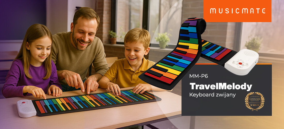 Keyboard MUSICMATE MM-P6 TravelMelody mały instrument mobilny kompaktowy wygodny, rodzic z dziećmi siedzące przy stole nad keyboardem