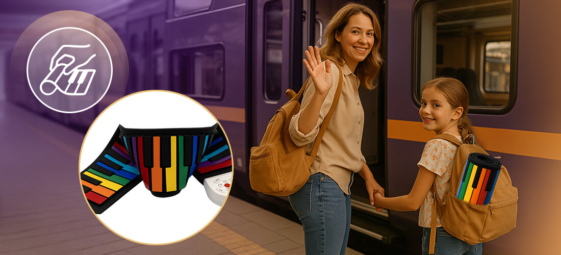 Keyboard MUSICMATE MM-P6 TravelMelody 49 klawiszy brzmienia efekty DEMO tryb nauki mobilny, matka z dzieckiem wsiadająca do pociągu, Keyboard schowany w plecaku