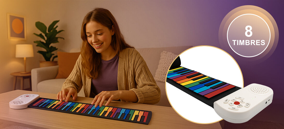 Keyboard MUSICMATE MM-P6 TravelMelody zwijana klawiatura mobilny kompaktowy łatwy transport, osoba grająca na keyboardzie w pomieszczeniu
