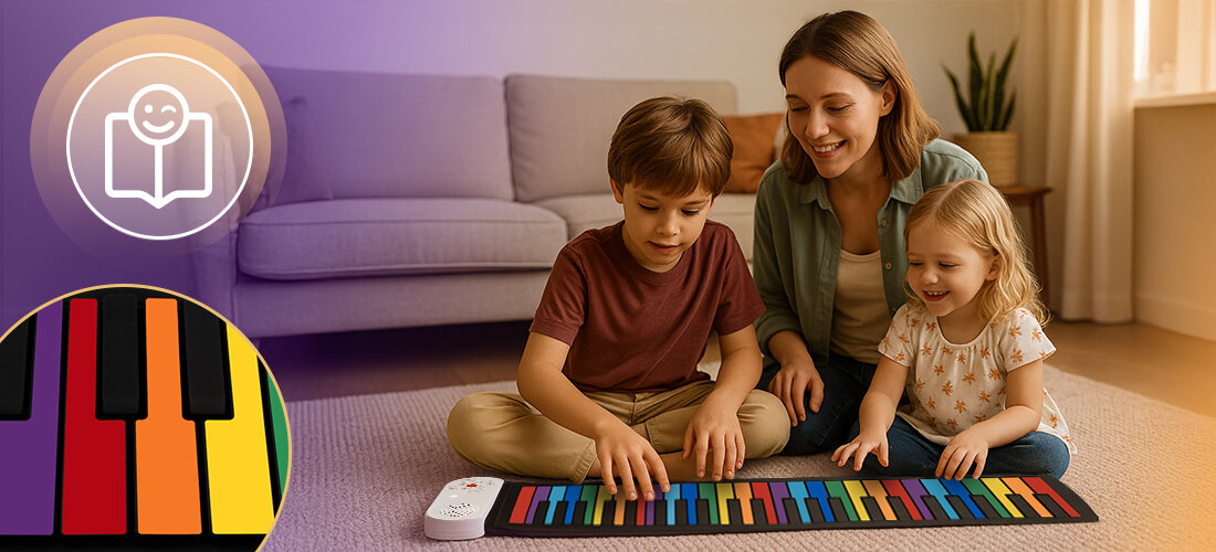 Keyboard MUSICMATE MM-P6 TravelMelody brzmienia efekty DEMO nagrywanie głośność, rodzic z dziećmi siedzące na dywanie grające na keyboardzie