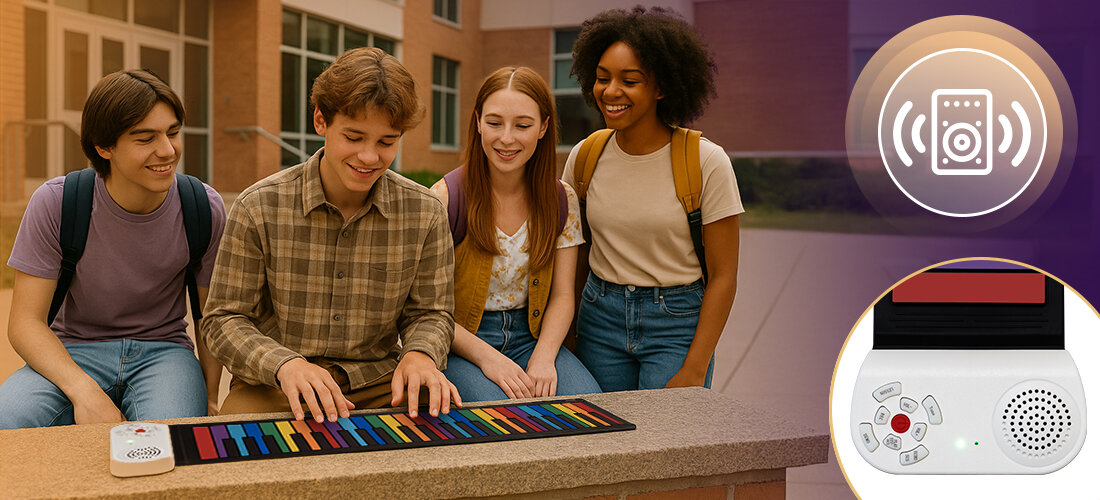 Keyboard MUSICMATE MM-P6 TravelMelody tryb nauki słuchawki wbudowany głośnik ładowanie USB, osoby siedząca przy murku na którym jest rozłożony keyboard