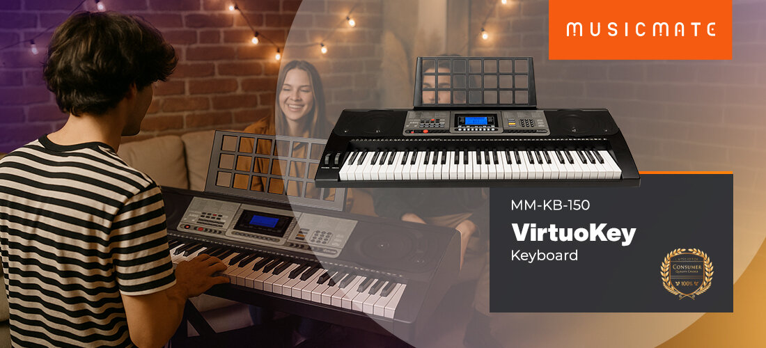 Keyboard MUSICMATE MM-KB-150 VirtuoKey rozwój muzyczny nauka gry, osoba grająca na Keyboardzie w pomieszczeniu