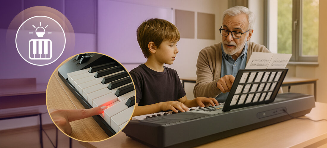 Keyboard MUSICMATE MM-KB-150 VirtuoKey 61 klawiszy 512 brzmień 260 rytmów, dziecko uczące się gry na Keyboardzie z nauczycielem