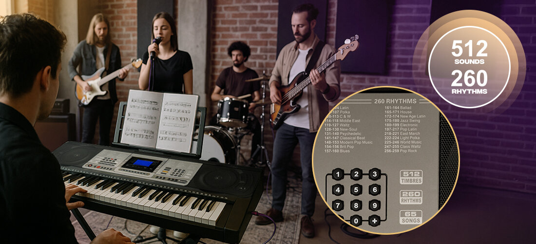 Keyboard MUSICMATE MM-KB-150 VirtuoKey podświetlane klawisze dynamiczna reakcja, osoba grająca na Keyboardzie z zespołem muzycznym