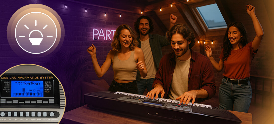 Keyboard MUSICMATE MM-KB-150 VirtuoKey 512 brzmień 260 rytmów nagrywanie odtwarzanie, osoba grająca na Keyboardzie, ludzie bawiący się w rytm muzyki
