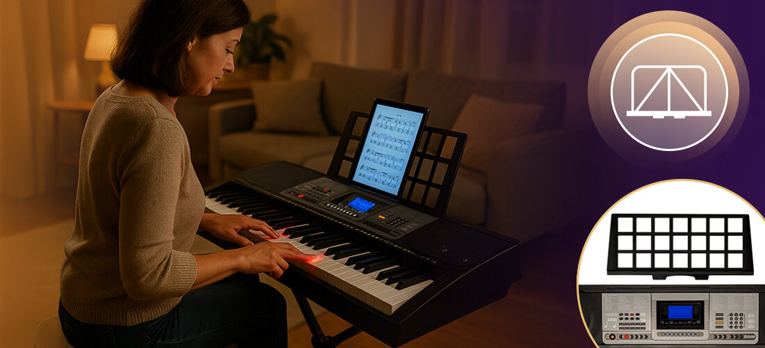 Keyboard MUSICMATE MM-KB-150 VirtuoKey efekty sustain vibrato pitch bend metronom, osoba grająca na Keyboardzie w pomieszczeniu