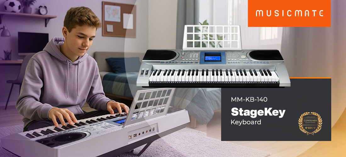 Keyboard MUSICMATE MM-KB-140 StageKey rozwój umiejętności muzycznych, osoba grająca na Keyboardzie w pomieszczeniu