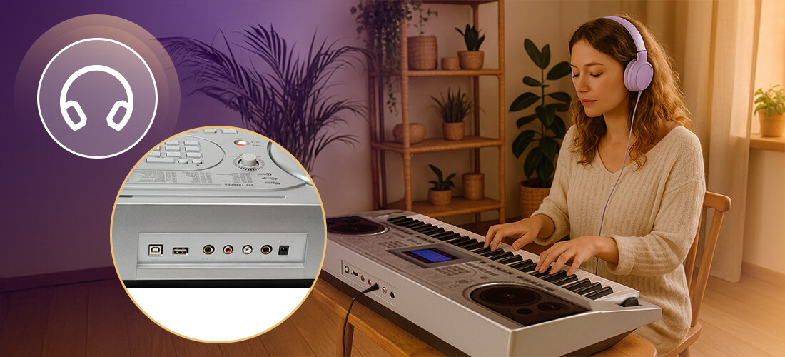 Keyboard MUSICMATE MM-KB-140 StageKey 61 klawiszy 430 brzmień 300 rytmów, osoba z założonymi słuchawkami grająca na Keyboardzie w pomieszczeniu