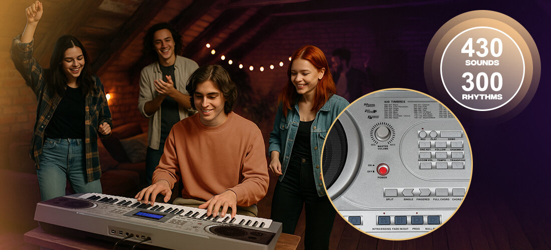 Keyboard MUSICMATE MM-KB-140 StageKey dynamiczna 61-klawiszy ekspresja, osoba grająca na Keyboardzie w pomieszczeniu, osoby bawiące się w rytm muzyki