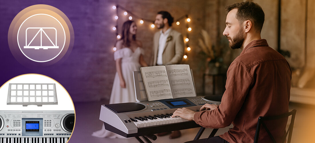 Keyboard MUSICMATE MM-KB-140 StageKey 430 brzmień 300 rytmów nagrywanie odtwarzanie, osoba grająca na Keyboardzie na uroczystości weselnej