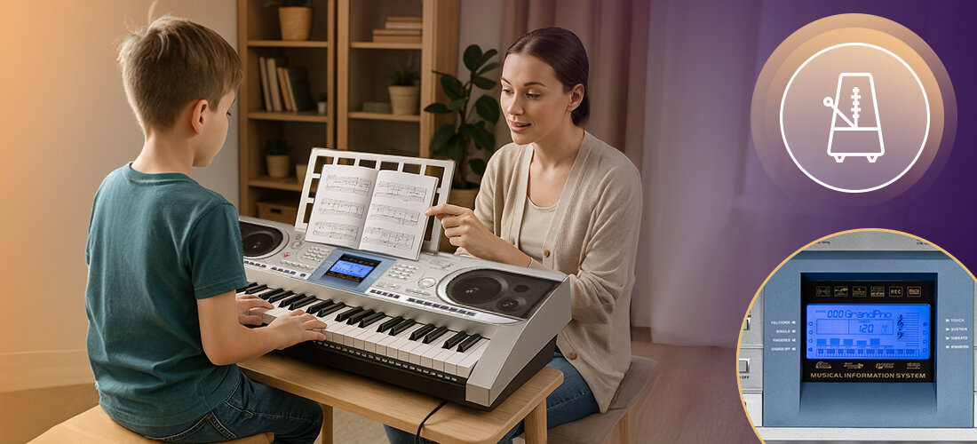 Keyboard MUSICMATE MM-KB-140 StageKey efekty sustain vibrato pitch bend metronom, dziecko grające na Keyboardzie w pomieszczeniu, osoba ucząca gry na instrumencie