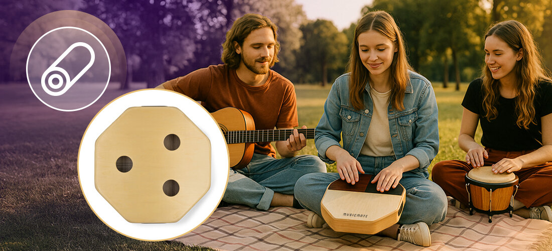 Cajon MUSICMATE MM-DRM60 DrumBox oktagonalny kształt trzy otwory rezonansowe Snare Bongo pokrowiec, osoby siedzące na kocu i grające na instrumentach