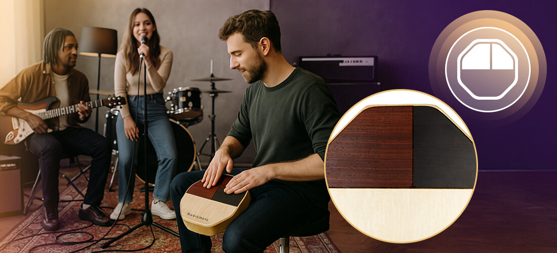Cajon MUSICMATE MM-DRM60 DrumBox naturalne drewno ciepłe brzmienie akustyczne, osoby grające na instumentach w pomieszczeniu