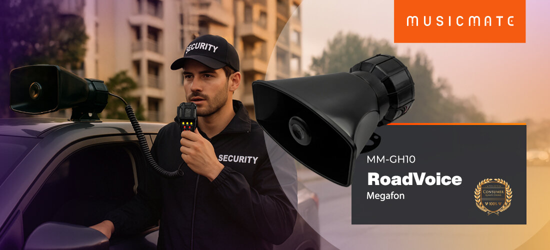 Megafon MUSICMATE MM-GH10 RoadVoice wyraźny głos komunikacja, ochorniarz z przymocowanym megafonem na dachu auta