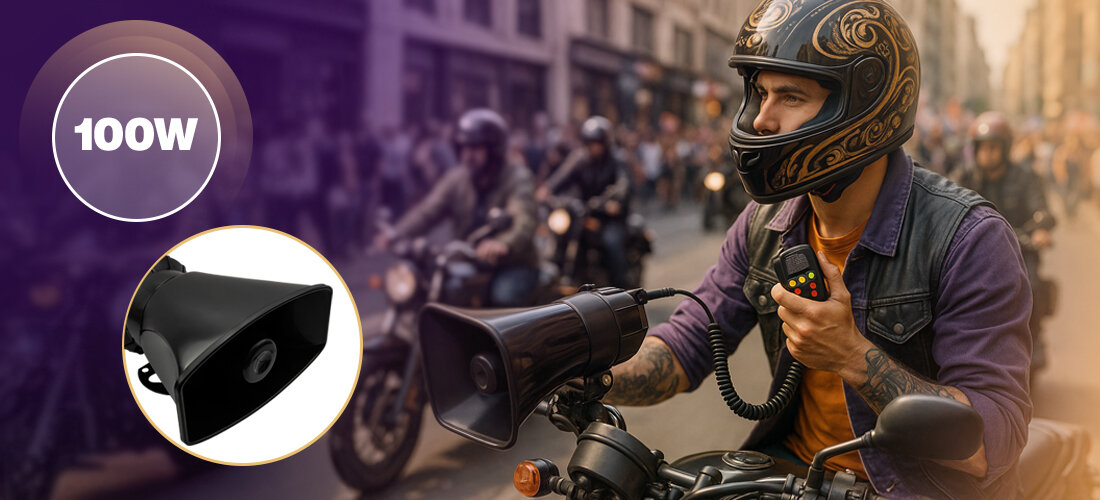 Megafon MUSICMATE MM-GH10 RoadVoice 100W 108dB 12V syrena alarm klakson mikrofon, motocyklista z przymocowanym megafonem na kierownicy motoru