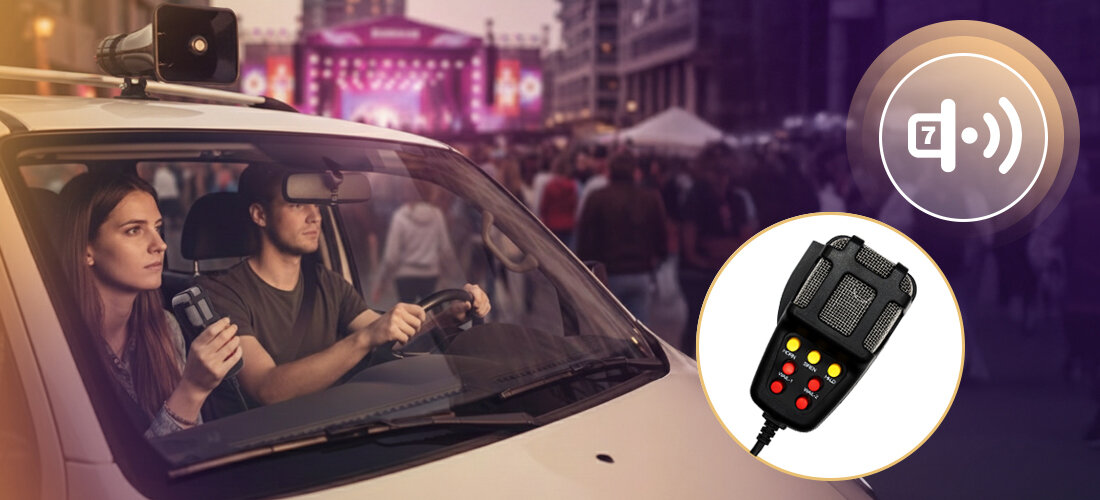 Megafon MUSICMATE MM-GH10 RoadVoice 108dB zasięg 600m moc 100W skuteczny, osoby siedzące w aucie, megafon przymocowany do dachu