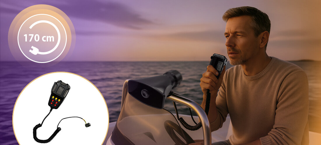 Megafon MUSICMATE MM-GH10 RoadVoice 7 tonów syrena alarm klakson regulacja, osoba prowadząca motorówkę, megafon przymocowany do łódki