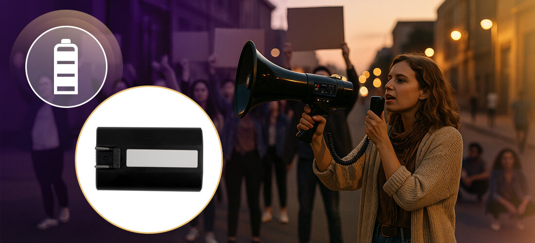 Megafon MUSICMATE MM-GH20 VoxMax moc 80W zasięg 1000m, osoba trzymająca megafon w rękach