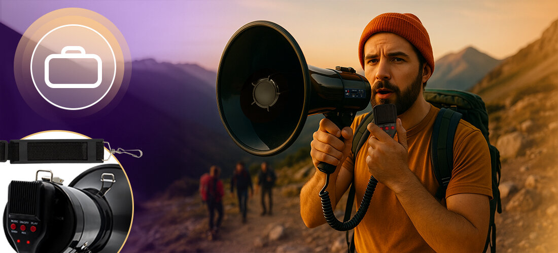 Megafon MUSICMATE MM-GH20 VoxMax nagrywanie odtwarzanie Bluetooth, osoba trzymająca megafon w ręku na szlaku górskim