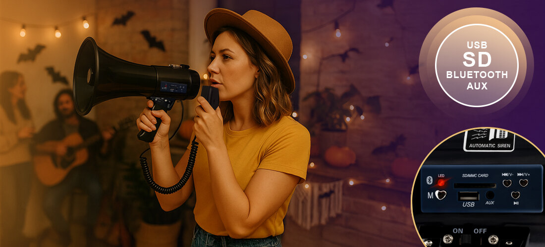 Megafon MUSICMATE MM-GH20 VoxMax ergonomiczny uchwyt długi czas pracy, osoba trzymająca megafon w ręku na imprezie