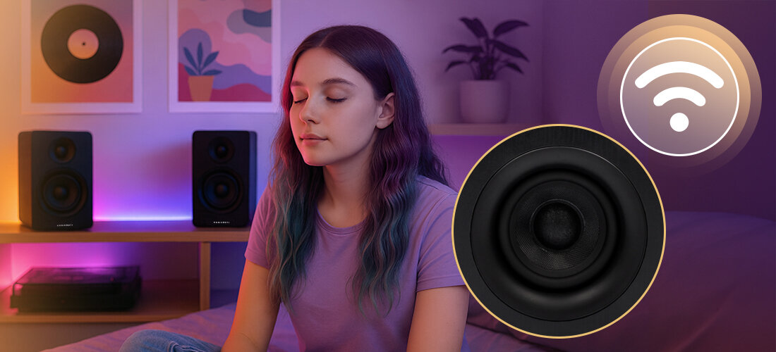 Monitory aktywne MUSICMATE MM-MA300 AudioSphere wyważony dźwięk mocny bas klarowne tony, osoba siedząca na kanapie, Monitory stojące na szafce