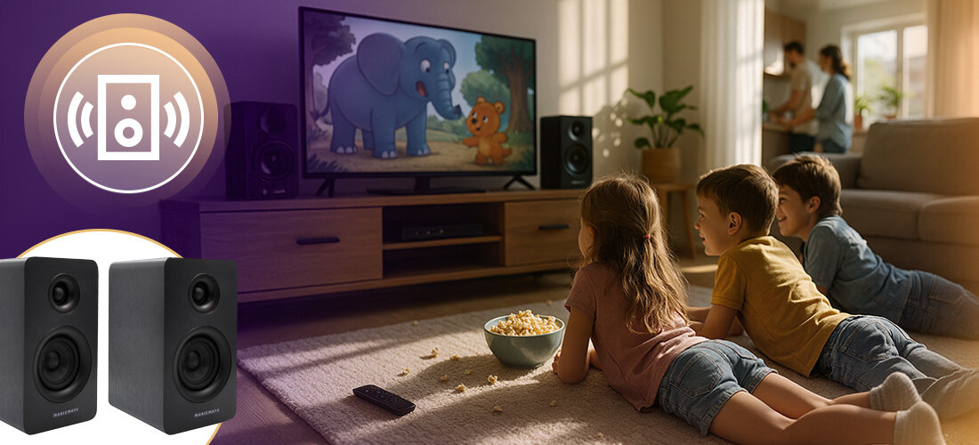 Monitory aktywne MUSICMATE MM-MA300 AudioSphere regulacja głośności tonów wysokich i niskich, dzieci oglądające program telewizyjny dla dzieci, głośniki stojące na szafce rtv