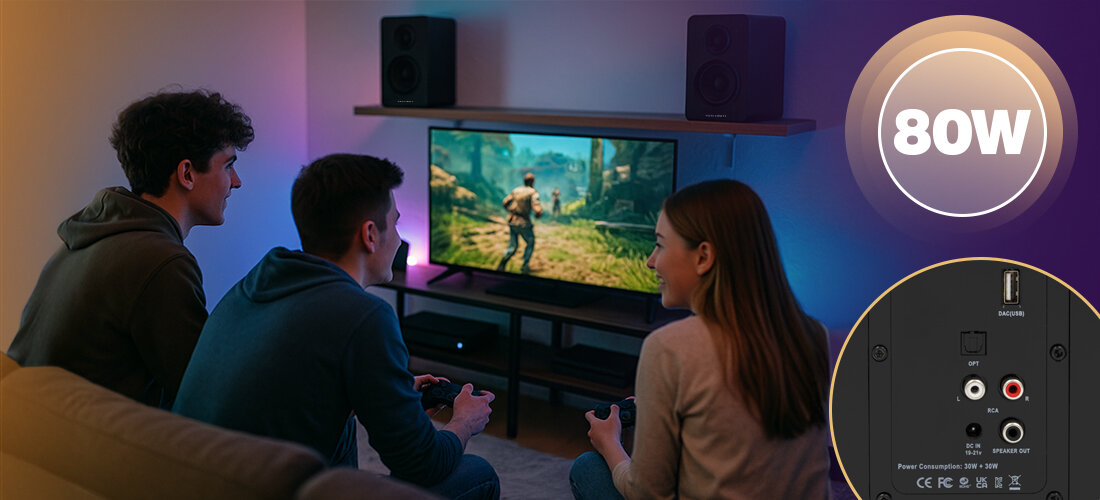 Monitory aktywne MUSICMATE MM-MA300 AudioSphere Bluetooth USB optyczne RCA, osoby siedzące na kanapie , trzymające kontrolery w ręku, głośniki stojące na półce