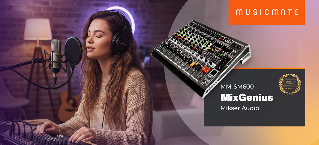 Mikser audio MUSICMATE MM-SM600 MixGenius kontrola dźwięku 8 kanałów DSP, osoba siedząca przy mikserze z założonymi słuchawkami