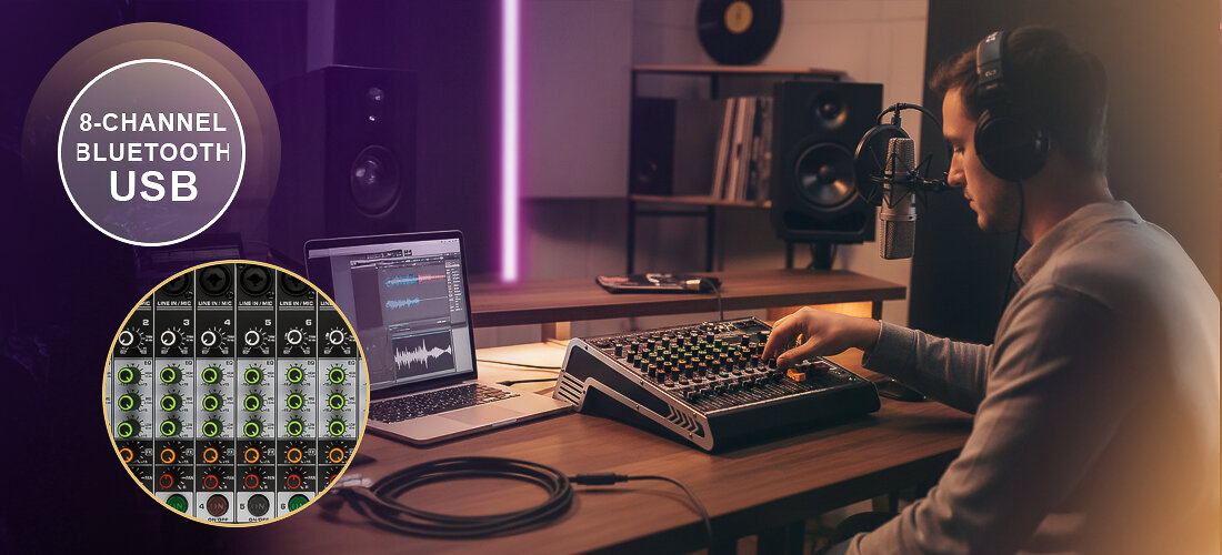 Mikser audio MUSICMATE MM-SM600 MixGenius 8 kanałów Combo XLR Jack DSP efekty, osoba siedząca przy mikserze z założonymi słuchawkami