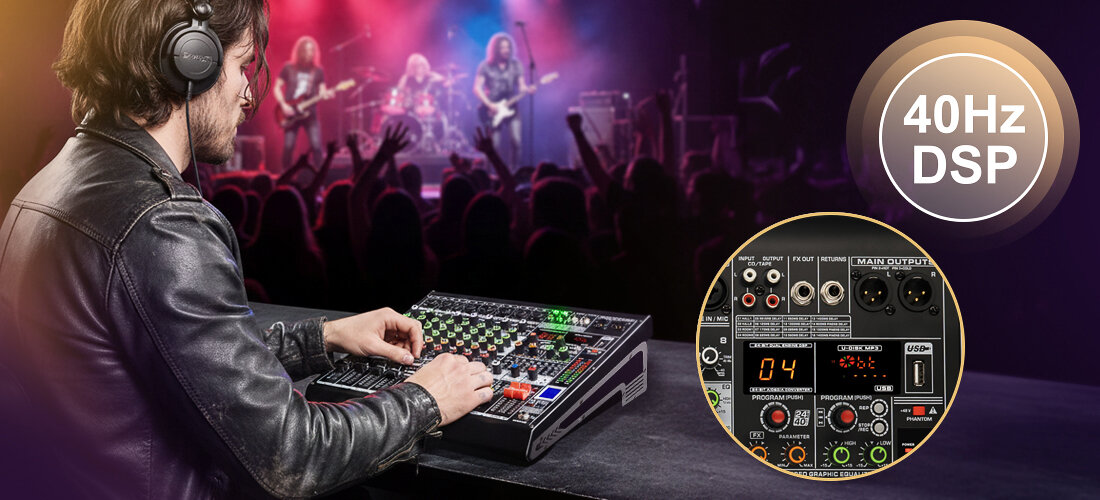 Mikser audio MUSICMATE MM-SM600 MixGenius kanały GAIN EQ AUX EFX PAN Phantom, osoba siedząca przy mikserze z założonymi słuchawkami