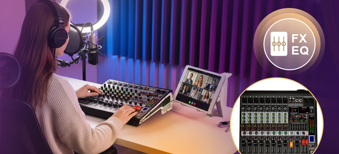 Mikser audio MUSICMATE MM-SM600 MixGenius Bluetooth USB LCD MAIN XLR RCA Jack, osoba siedząca przy mikserze z założonymi słuchawkami