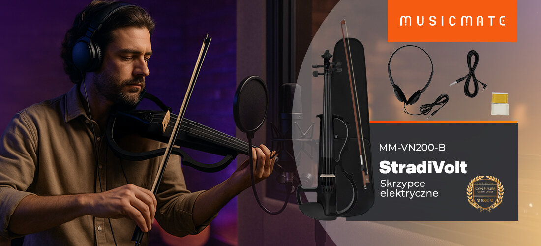 Skrzypce elektryczne MUSICMATE MM-VN200-B StradiVolt 4/4 pickup regulacja brzmienia, osoba z założonymi słuchawkami nausznymi ze skrzypcami w rękach