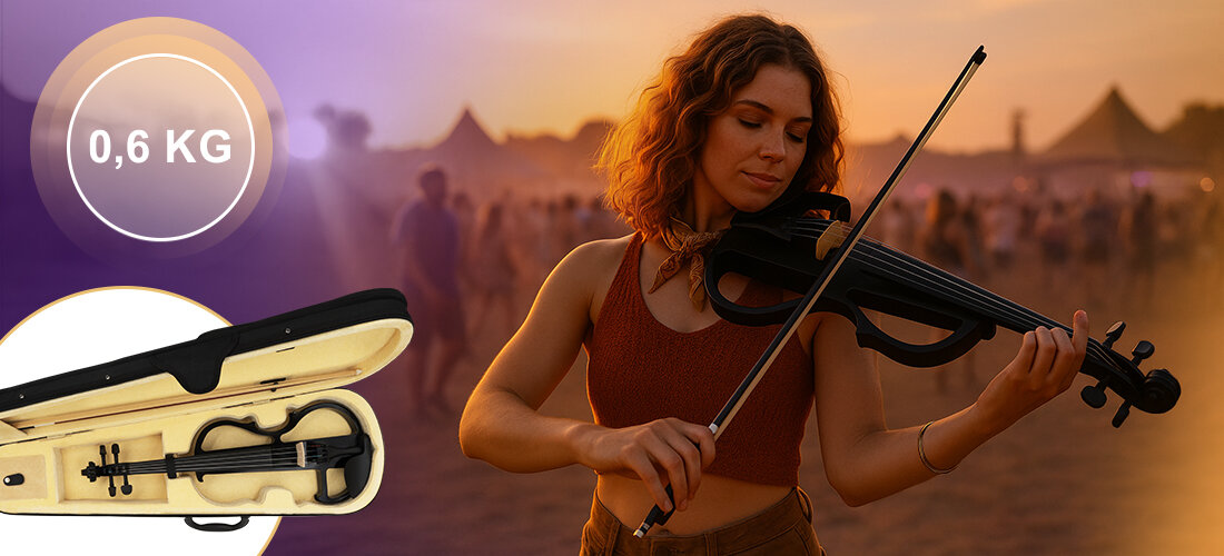 Skrzypce elektryczne MUSICMATE MM-VN200-B StradiVolt słuchawki Line OUT wejście mikrofonowe, osoba grająca na skrzypcach