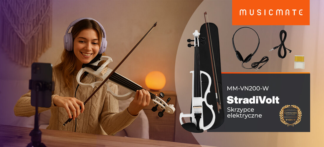 Skrzypce elektryczne MUSICMATE MM-VN200-W StradiVolt 4/4 pickup regulacja brzmienia, osoba z założonymi słuchawkami nausznymi ze skrzypcami w rękach