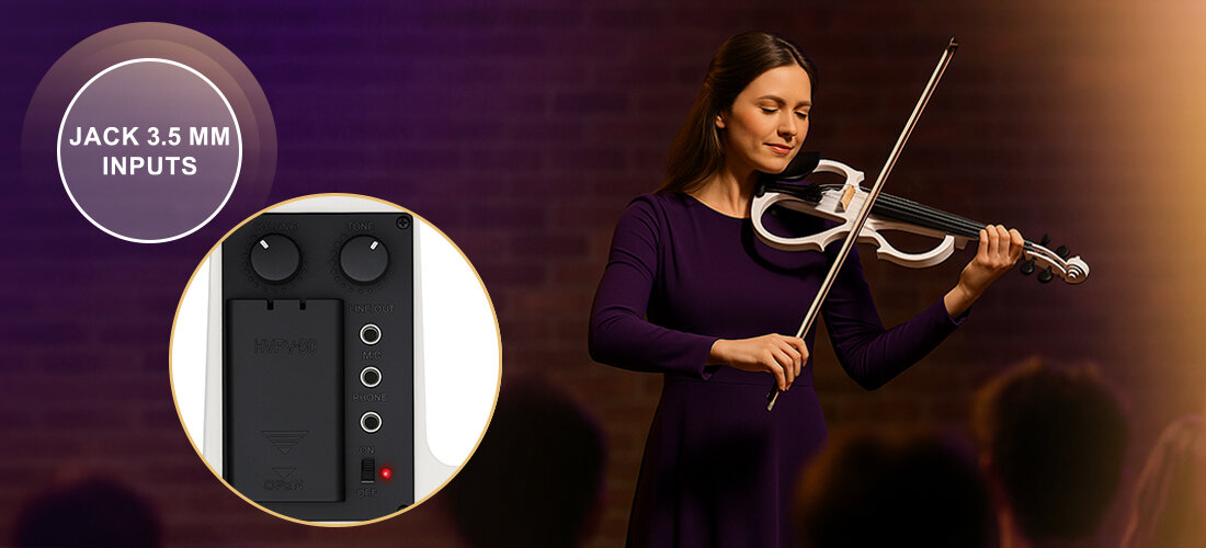 Skrzypce elektryczne MUSICMATE MM-VN200-W StradiVolt pickup VOLUME TONE scena, osoba ze skrzypcami w rękach