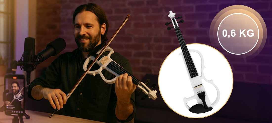 Skrzypce elektryczne MUSICMATE MM-VN200-W StradiVolt regulacja TONE VOLUME kontrola dźwięku, osoba ze skrzypcami w rękach