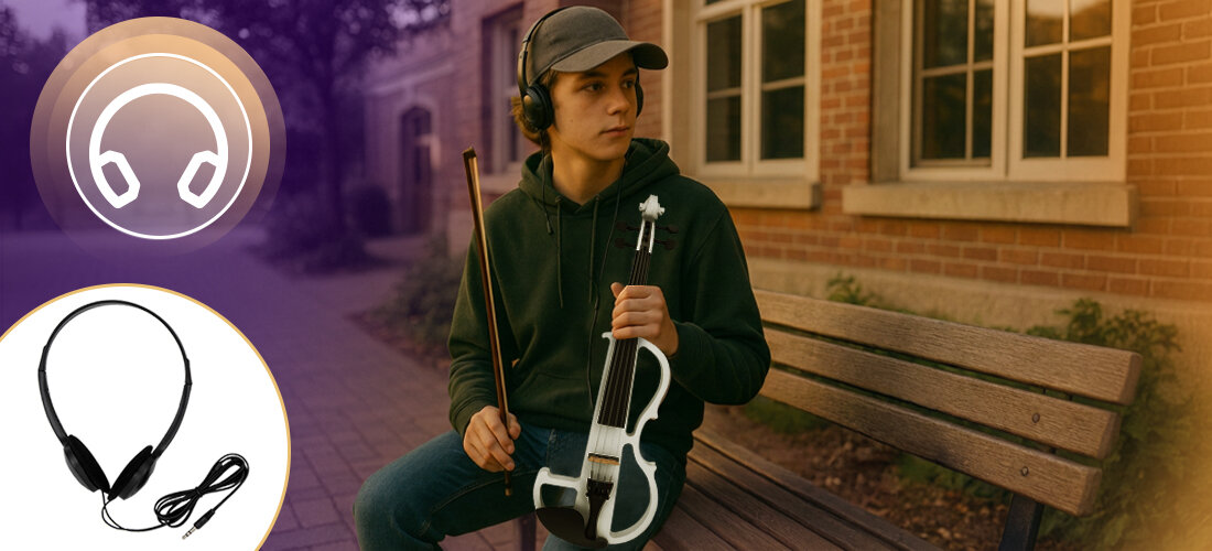 Skrzypce elektryczne MUSICMATE MM-VN200-W StradiVolt słuchawki Line OUT wejście mikrofonowe, osoba trzymająca skrzypce w rękach siedząca w plenerze