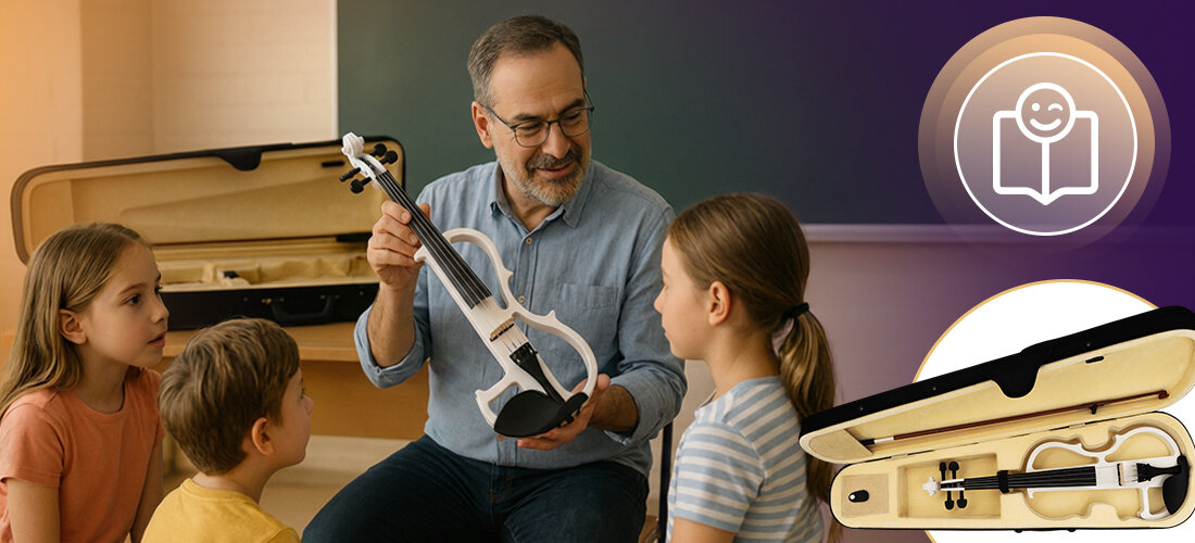 Skrzypce elektryczne MUSICMATE MM-VN200-W StradiVolt bateria 9V futerał mobilność, osoba pokazująca skrzypce dzieciom