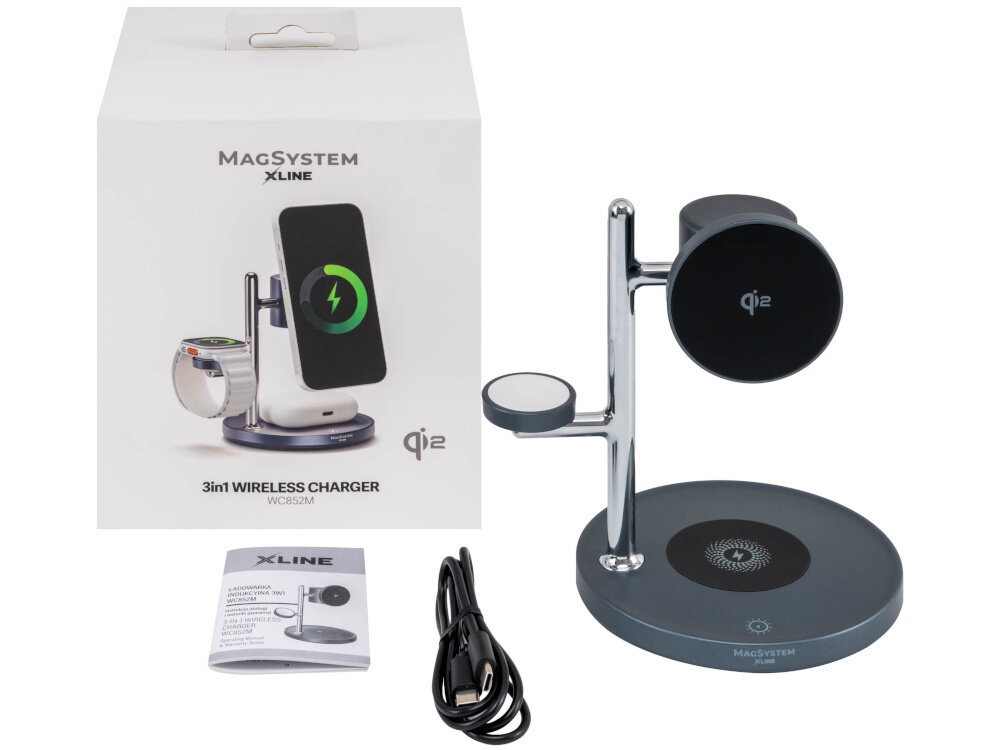 Ładowarka indukcyjna XLINE WC852M QI2 4w1 MagSystem Metaliczny Metaliczna zestaw na białym tle