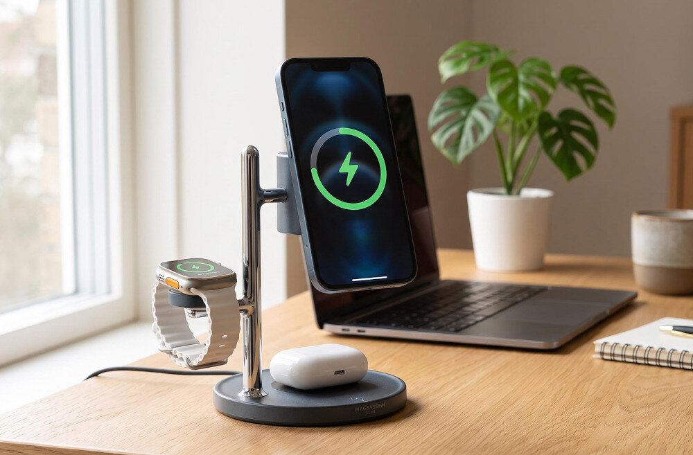Ładowarka indukcyjna XLINE WC852M QI2 4w1 MagSystem Metaliczny ładowanie telefonu z mocą do 15 W słuchawek TWS do 5 W smartwatcha do 2,5 W uzupełniania energii w trzech urządzeniach
