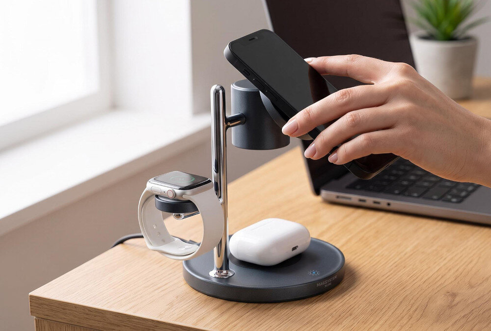 Ładowarka indukcyjna XLINE WC852M QI2 4w1 MagSystem Metaliczny obsługuje zgodne urządzenia Apple Watch oraz Samsung Galaxy Watch ładowanie smartwatcha z uzupełnianiem energii w telefonie i słuchawkach. wygodnie przygotowywać urządzenia do codziennego użytkowania