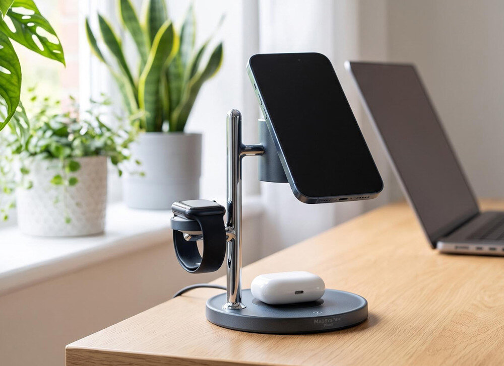 Ładowarka indukcyjna XLINE WC852M QI2 4w1 MagSystem Metaliczny Kompatybilność z urządzeniami Apple MagSafe magnetycznego sposobu pozycjonowania zgodnych smartfonów samo rozpoczęcie ładowania jest wygodne zgodność konkretnego modelu smartfona oraz etui ze standardem Qi2 lub rozwiązaniem MagSafe